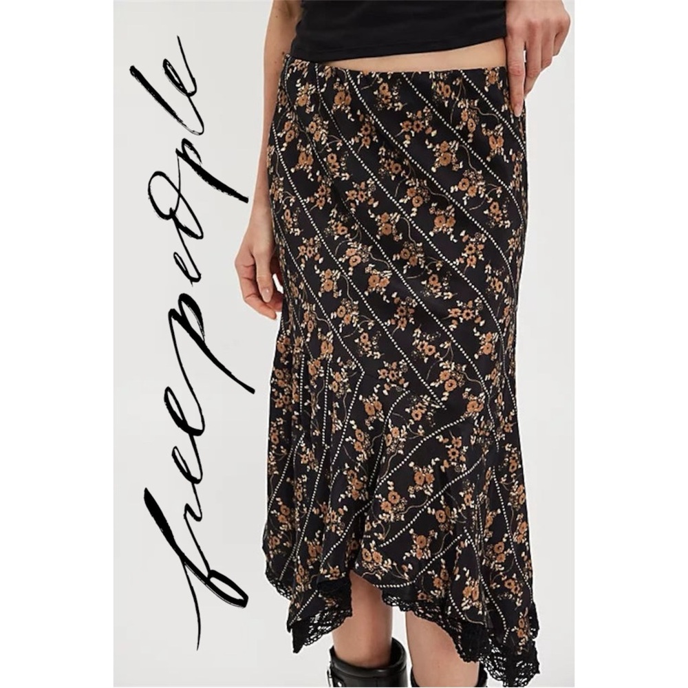 NWOT Free People Bali sweet escape black floral asymmetrical midi skirt